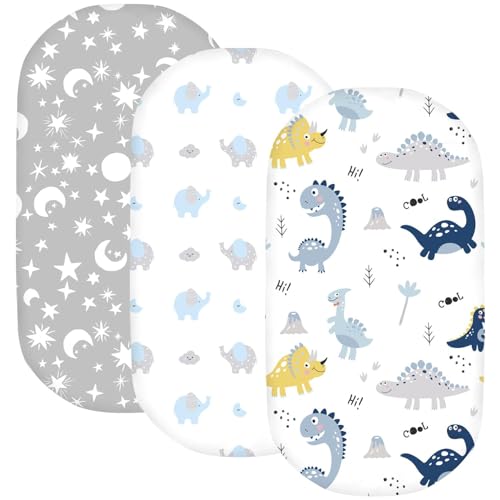 Image of Plushii Bassinet Sheets 3 Pack for Baby Boys, 32"x16" Extra Soft Stretchy Fitted Microfiber Bassinet Mattress Sheets, Universal Fit for Oval Rectangle Hourglass Cradle, Dinosaur