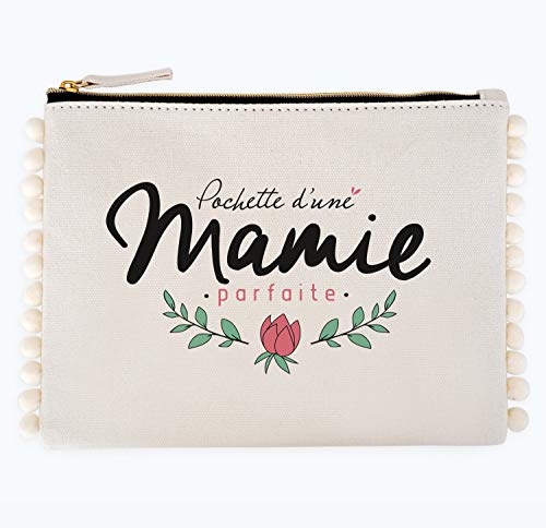 Manahia Pochette pompon Mamie - Pochette d'une mamie parfaite - Cadeau Mamie - Trousse Mamie en Coton - Cadeau Fête des Grands-mères - Annonce Grossesse...