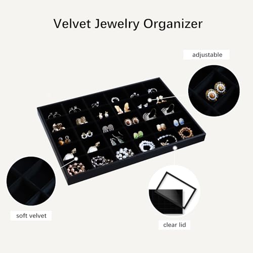 Image of Wudygirl Jewelry Organizer 30 Grid Jewelry Tray with Lid Earring Holder Organizer for Women Ring Earring Bracelet Holder Storage (Pu Black)
