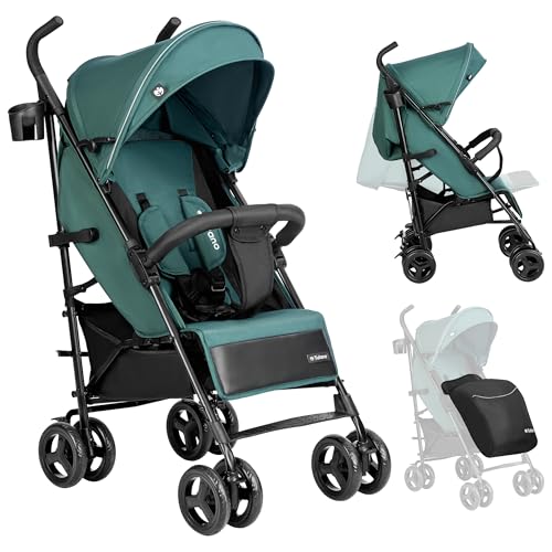 Tulano Davos 35 Kinderwagen Buggy bis 22 kg - Leicht Kompakt Klappbar - Verstellbare Rückenlehne Liegefunktion - XXL Verdeck - Gefederte PU Räder - 5-Punkt-Gurt - Zubehör Set- Green-Black