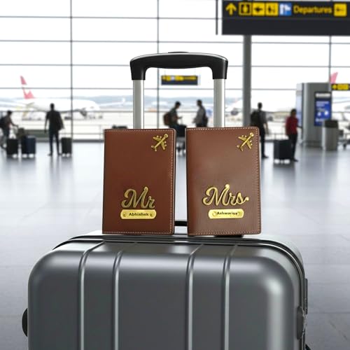 Image of Unisex-Adult Personalised Name & Charm Leather Passport Cover Gift Set for Couple - 2 Pcs | Wedding Anniversary Marriage Gift for Husband Wife, Assorted