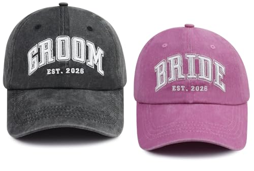 Image of 2PCS Bride and Groom Est 2025 2026 Hats for Men Women, Funny Adjustable Embroidered Newlyweds Couples Baseball Cap