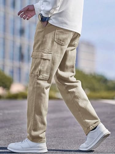 Image of QNIM Cargo for Men | Loose Fit White Denim Jeans | Stylish Cotton Multi-Pocket Casual Styling Pant | Trendy Straight Leg Comfortable Utility Streetwear Trousers (Q-04-05)