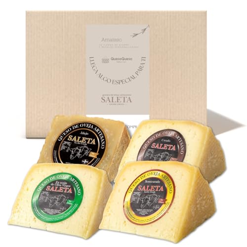 Amaisso® Cesta Quesos Gourmet Regalo - Queso Oveja de La Mancha - 4 Cuñas Queso Curado, Semicurado, Añejo y en Aceite de Oliva Virgen Extra - Surtido de quesos (Pack Más Premiados 1,6Kg) Saleta