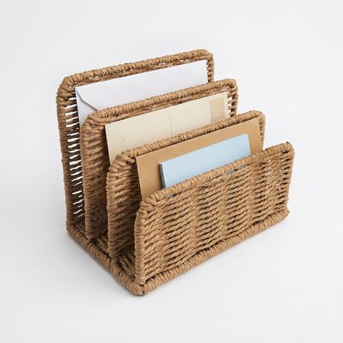 Raoletin Woven Letter Rack 4-Compartment Letter Organiser Decorative Letter Holder Storage Organiser for the Home Office School Desk File Magazine Racks for the Living Room Entryway Counter