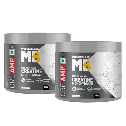 MuscleBlaze Micronised Creatine Monohydrate CreAMP Powder, Unflavoured (32 Servings, 100g) | Pack of 2 | Trustified Certified Creatine