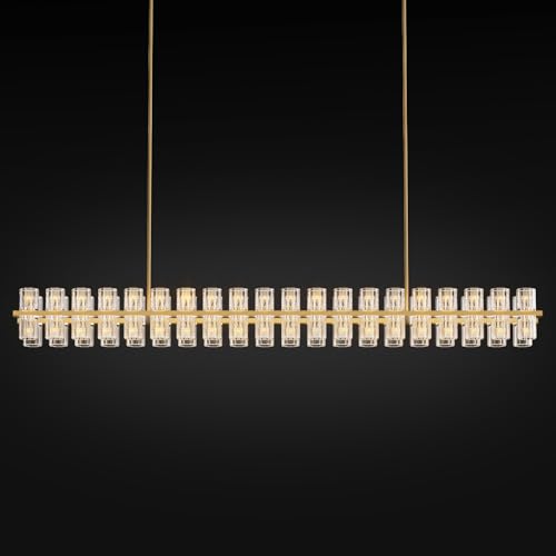 Image of Crystal Brass Rectangular Chandelier Light Fixture,72 in Dining Room Chandeliers Over Table,Modern Chandelier For Living Room,Arcachon Chandeliers,Kitchen Island Chandelier,Includes 80xG4 Bulbs