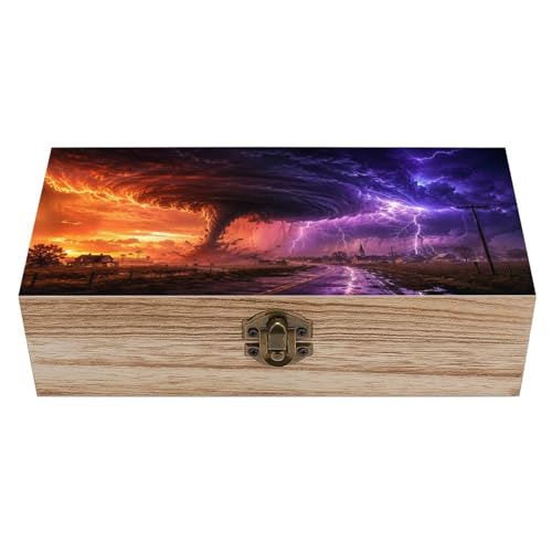 Petempton Tornado At Sunset Over Rural Town Wooden Storage Box with Hinged Lid for Women, Compact Durable Jewelry Gift Box for Preserve Photos Letters Small Heirlooms