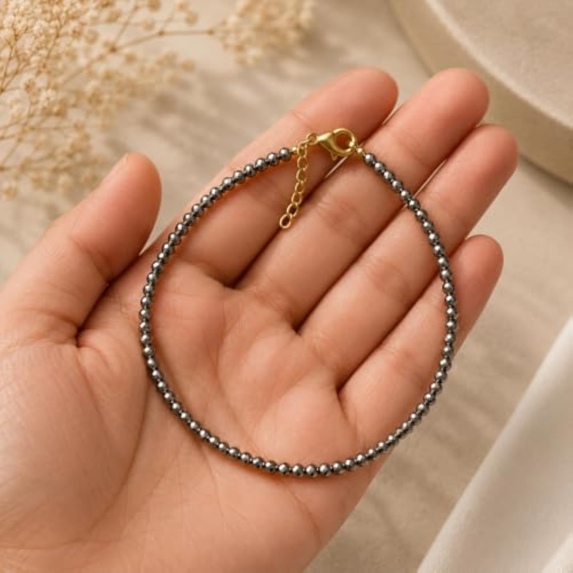 Women's Pyrite Anklet with Faceted Beads, Gold-Tone Clasp