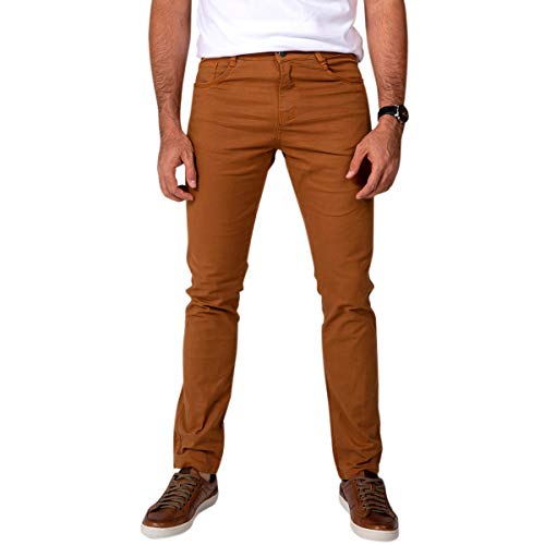 Kit com 3 Calças Jeans Sarja Masculina Skinny Slim com Lycra - Azul, Caqui e Bege - 46