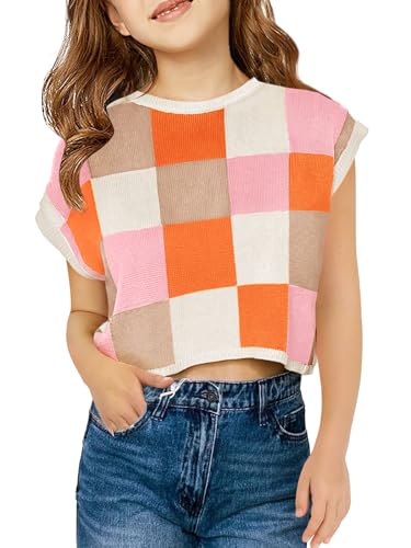 Haloumoning Girls Summer Crop Tops Color Block Vest Cute Tanks Cap Sleeve Tee Loose Kids Knit Top 5-14 Years