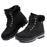 Snow Boots Womens Winter Boots Warm Fur Lined Walking Boots Ankle Boots Ladies Hiking Boots Mid Calf Boots Lace up Outdoor Non-Slip Work Booties Girls Light weight Black