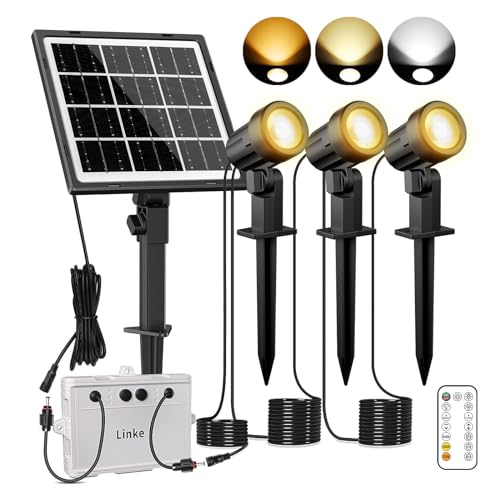 Linke Solar Powered Spot Lights, 2700K/4000K/6500K Adjustable 3 in 1 Landscape Spotlights IP66 LED Spike Lights Outdoor Garden Solar uplighters for Yard Path Tree Gazebo Lawn