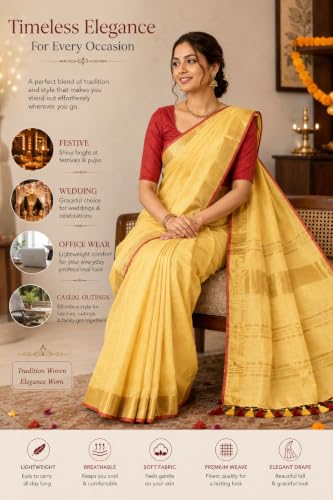 Image of HAIDER ALI AND SONS Grey Cotton Linen Saree for Women | Soft Linen Slub Blend Saree with Running Blouse Piece | Lightweight Handloom Style Saree | Office, Casual, Party & Festival Wear 