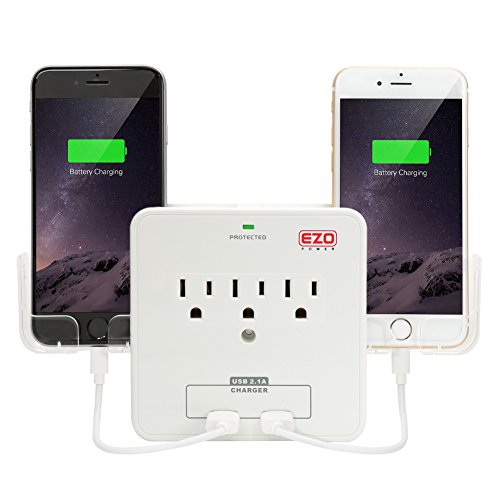 Amalen UL Certified Wall Mount Power Surge Protector with 3 AC Outlet Plug + 2 USB Charger Ports (2.1A) + Holder
