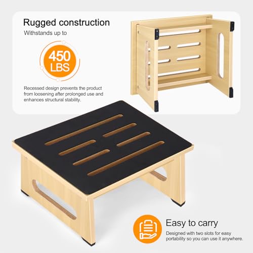 Image of One Step Stool for Adults Seniors with Non-Slip Rubber Stepping Feet, Heavy Duty Platform Step Stools, 6.9 in Portable Bed Steps for High Beds for Bathroom, Bedroom, Kitchen & Kids Bedside Support