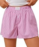 Uniexcosm Pantalones Cortos Mujer Verano Elegantes Holgados Bermudas EláStica Cintura Alta Pantalon Corto Casual Shorts Rayas Y Cuadros Ancha Shorts con Bolsillos,Blanco Rosado,L