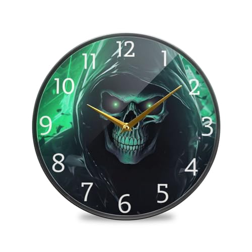 WOIWB Wall Clock Green Skull Picture 11.9 Inch Battery Operated Round Quiet Decorative Desk Clock for Bedroom Living Room Kitchen