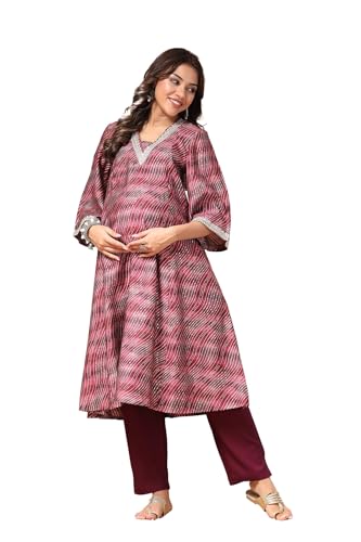 Image of ZELENA Maternity Feeding Kurta Pajama Set with Zip for Women | 100% Modal Chanderi Fabric Pre & Post Pregnancy Kurti Set for Mothers | Kurti Pajama Set for Easy Breastfeeding with Pockets