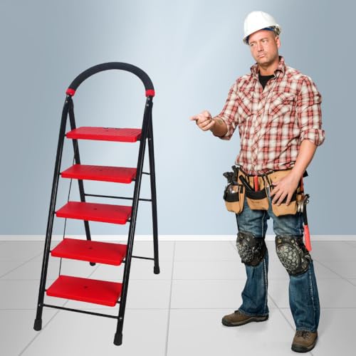 Image of BRANCO Steps Super Milano Heavy Duty Ladder for Home Premium Alloy Steel Folding Step Ladder for Home, Wide Anti-Skid Steps (Black & RED) (5 Steps)