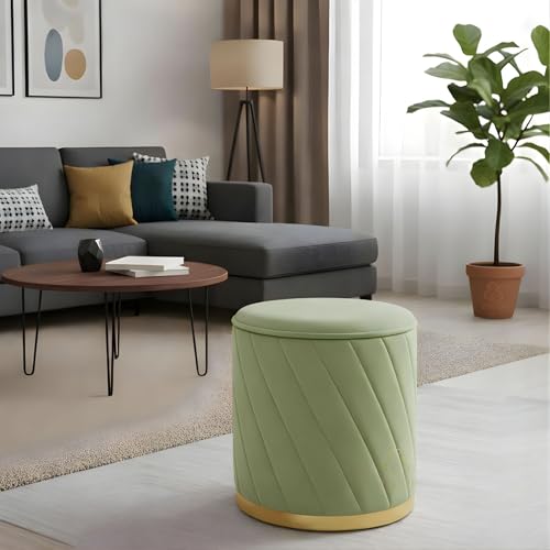 Image of ENIQE STORE Premium Velvet Ottoman Stool | Modern Round Pouffe with Gold Base | Multipurpose Seating | Living Room & Bedroom Decor (Pista Green Set of 2)