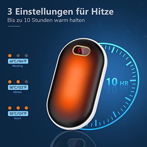 10000mAh Handwärmer, USB Wiederaufladbar Elektrische Tragbare Taschenwärmer Power Bank mit 3-Ports, Lang Anhaltende Hitze, Geschenk für Frauen Kinder Mann Outdoor-Sportarten