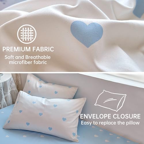 Image of BOLINLIVING Cute Duvet Cover Full Size, Reversible Light Blue & White Heart Print 3 Pieces Comforter Cover, Microfiber Bedding Set for All Season with Zipper Closure and Corner Ties