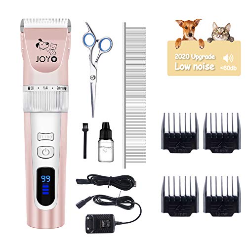 JOYO Cortapelos Perros Profesional de 2 Velocidades, Set de Maquina Cortar Pelo Perros Silencioso y Recargable con Luz Led, 4 Peines y 5 Longitud Ajustable para Mascotas con Pelo Largo, Corto y Grueso
