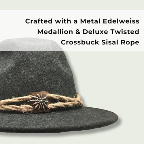 Image of German Oktoberfest Hat - 100% Wool Alpine Tyrolean Fedora with Edelweiss Pin & Rope - Charcoal Bavarian Hat for Men & Women