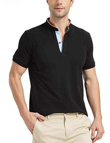 Navifalcon Mens Polo Shirts for Men 100 Cotton Stand Collar Short Sleeve Polos Mens V Neck T Shirts Classic Pique Collarless Polo Shirt Slim Fit Casual Black XXL