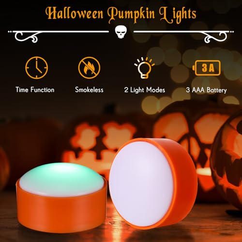 Image of Riakrum 6 Pieces Halloween Remote Timer LED Lights with Remote Summer Halloween LED Pumpkin Lights Battery Operated Lantern Bright Flameless Candle(Orang, Green Light)
