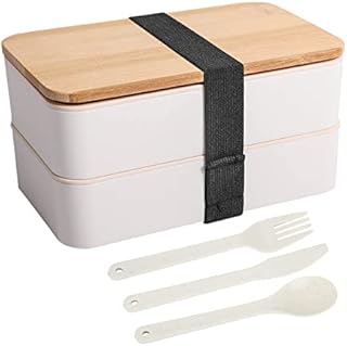 Gukasxi 1200ml Bento Box, Japanese Style Lunch Box with Knive Fork and Spoon, Leak-proof Lunch Container with Compartments, Microwaveable Safe, Ideal for Work, School or Travelling (White)