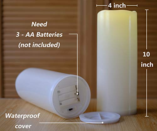 Image of NONNO&ZGF 4X10'' Large Outdoor IP44 Warm White LED Rainproof Waterproof Candles, Huge Flameless Battery LED Pillar Candle with Remote and Timer, Resin, No Melt, 2 Pack