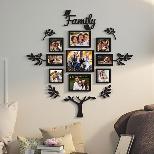 Art Street Family Tree Wall Photo Frame Set Pack of 9 with 10 MDF Cutouts for Home Decoration | Wall Photo Frame Collage for Living Room Bedroom | 4x6, 5x5, 6x8, 8x10 Inch