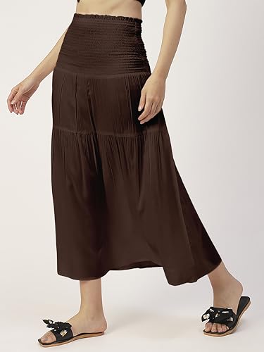 Women Solid Viscose Rayon Casual Skirt, High Waist Smocked Midi Skirt2