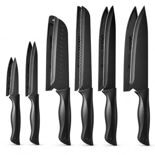 NULAS 13 Pieces Kitchen Knife Set with Blade Guards & Self-sharpening, Stainless Steel Non-stick Knives for Cooking and Cutting, Black