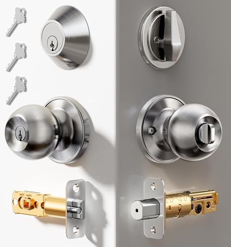 Veise Keyed Alike Exterior Door Knob and Single Cylinder Deadbolt Combo Set, Easy Installation Keyed Same Entry Door Lock for and Entrance Front Door, Heavy Duty, Brushed Nickel