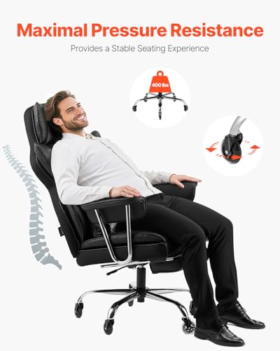 Image of VEVOR Executive Office Chair with Footrest, 400lb Capacity Oversize Office Chair with Lumbar Pillow & Removable Armrests, Heavy Duty Ergonomic Chair, PU Leather Reclining Home Office Desk Chair, Black