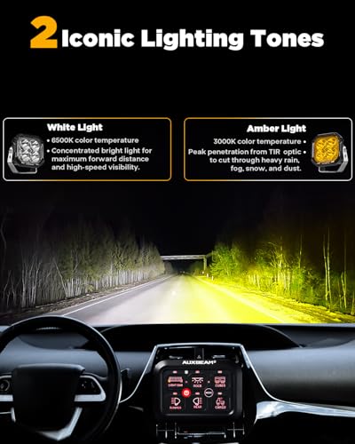 Image of Auxbeam Color Play Series 3 inch LED Pods Hyper Spot Beam Driving Lights 2-Pack | DRL & Turn Signal, Multi Function, Amber White Covers, 100W 11600LM, Cube Off-Road Lights, for SXS ATV UTV 4x4 Pickup Truck