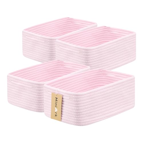 Image of MiniArk Small Storage Baskets for Organizing | Closet Organizer Bins | Shelf Toy Basket | Woven Rope Baskets | Cube Decorative Box | Shallow Basket | 13x8.5x5.1” | 4 Packs Light Pink