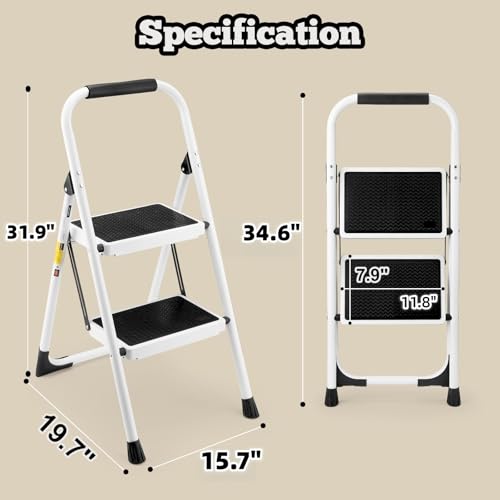 Image of 2 Step Ladder Foldable, Lightweight Step Stool Folding,Ladder for Home Use with Wide Pedal and Anti-Slip, Portable and Stability Ladders with Handrails for Adults Kitchen Household Outdoor, White