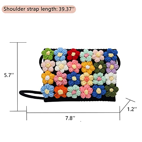 Women's Handwoven Crossbody Shoulder Handbag, Rectangle Cotton Handmade Purse Cute Summer Beach Bag with Knitted Flowers2