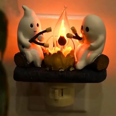 Ghost Campfire Nightlight, Halloween Nightlight Flickering Firelight Indoor Decorations Lamp, Plug-in Night Light for Decor, 2024 Ghost Roasting Marshmallows Night Light