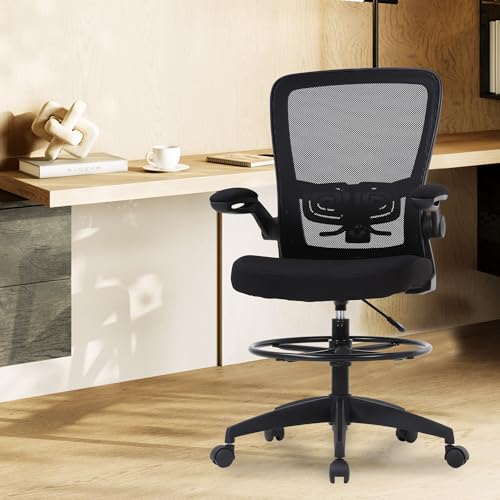 Image of BestOffice Drafting Chair Tall Office Chair Adjustable Height with Lumbar Support Flip Up Arms Footrest Mid Back Task Mesh Desk Chair Computer Chair Drafting Stool for Standing Desk (B-Black)