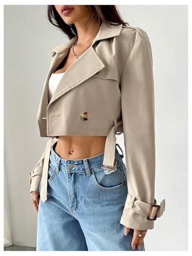 WDIRARA Women's Long Sleeve Cropped Trench Coat Lapel Collar Belted Jacket Lightweight Outerwear4