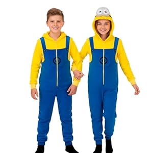 United Labels Minions Kostüm für Kinder, 146-152, Gelb Blau, Jumpsuit Unisex, Overall mit Kapuze, Einteiler für Karneval Mottoparty