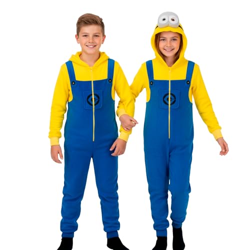 United Labels Minions Kostüm für Kinder, 146-152, Gelb Blau, Jumpsuit Unisex, Overall mit Kapuze, Einteiler für Karneval Mottoparty