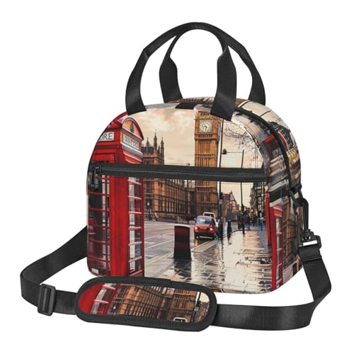 断熱ランチバッグ 赤い電話ブース ロンドンストリートプリント 男女兼用 再利用可能な保温クーラーランチトートバッグ 仕事 ピクニック 旅行 ビーチ 釣り