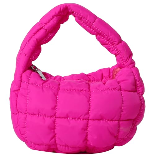 Quilted MINI Handbag and Purses Women Puffer Nylon Hobo Cotton Padded Purse Work Travel Lightweight (Hot Pink)