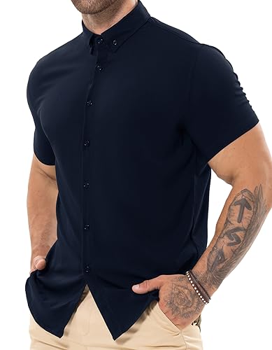 Askdeer Men's Muscle Fit Shirts Wrinkle-Free Short Sleeve Casual Shirt Stretch Slim Button Down Shirt